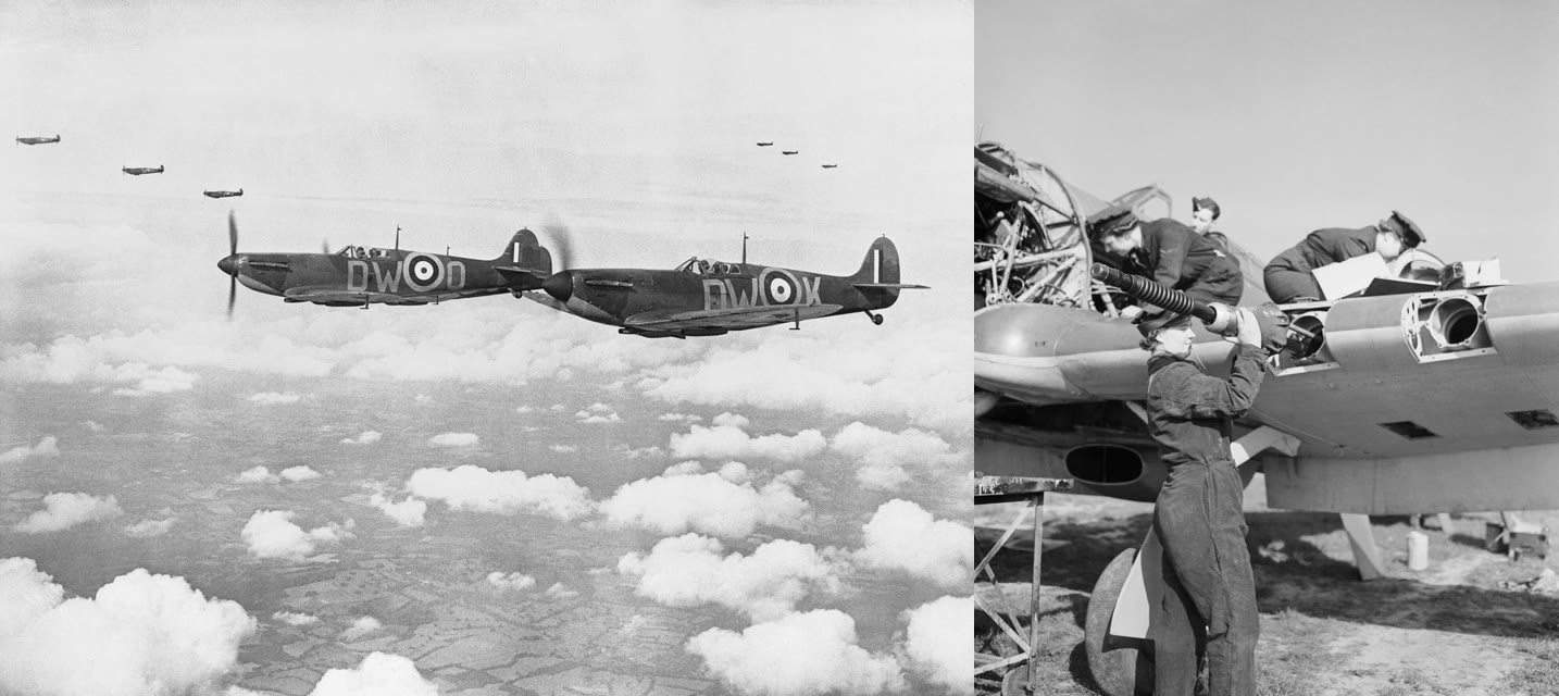 Left, three Spitfires flying in formation above cloud in 1940; right, WAAF ground crew servicing a Hawker Hurricane in wartime