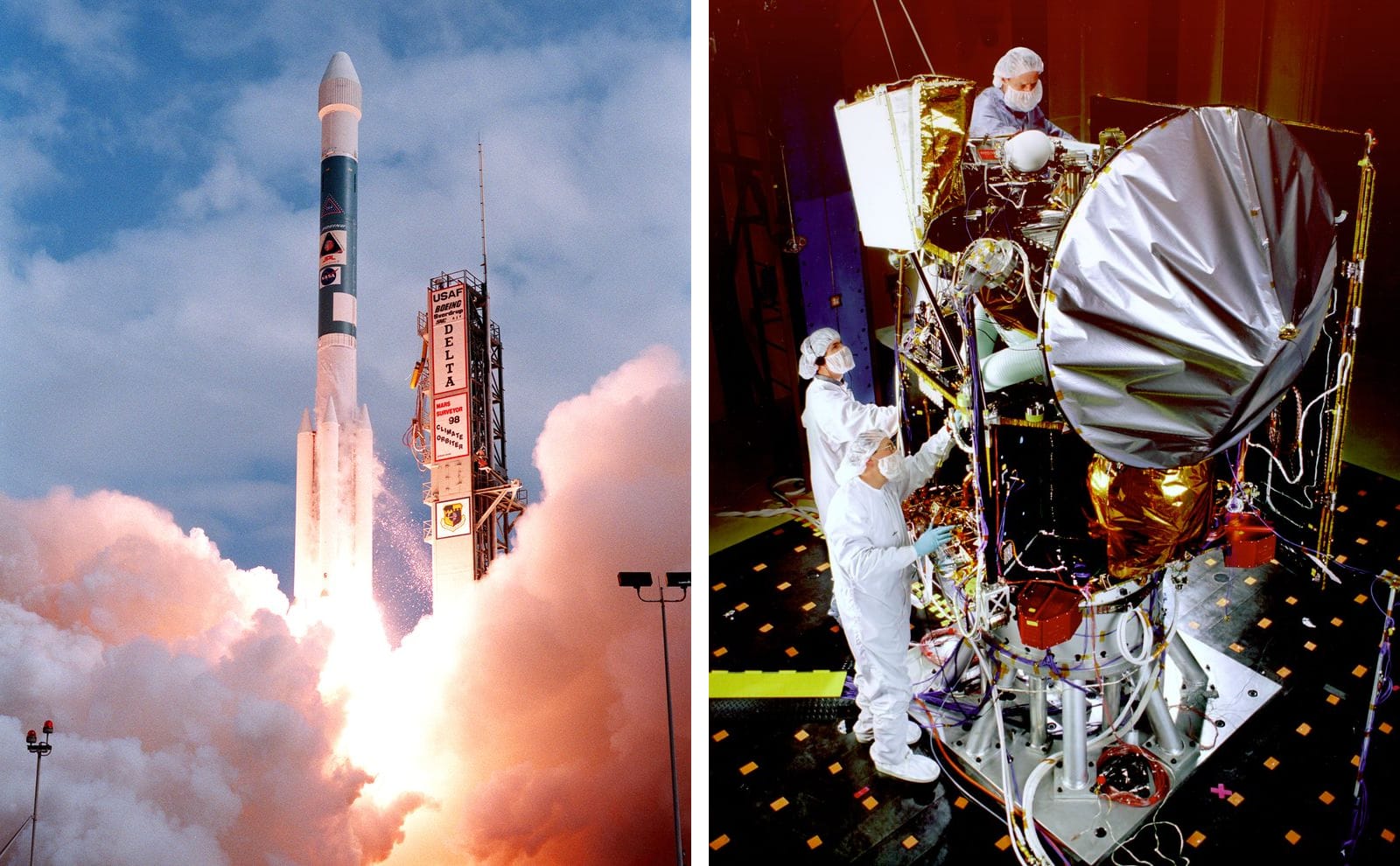 Left, a Delta II rocket lifting off; right, the Mars Climate Orbiter spacecraft with a technician beside it